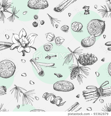 Seamless pattern with hand drawn Christmas winter spices pattern. Traditionally used in made desserts, hot mulled wine, homemade cookies. Seamless pattern with hand drawn Christmas winter spices pattern. Traditionally used in made desserts, hot mulled wine, homemade cookies. 93362879