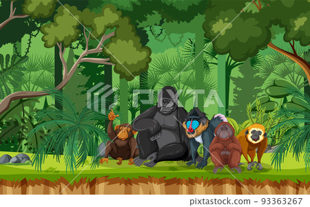 Group of wild animals in nature forest scene Group of wild animals in nature forest scene 93363267