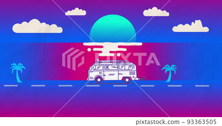 Image of sun over water, palm trees, bus and clouds on blue background 93363505