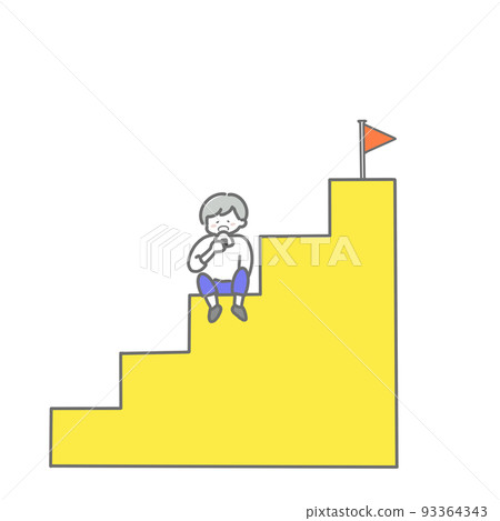 一個男孩在樓梯上休息，吃著飯糰 93364343