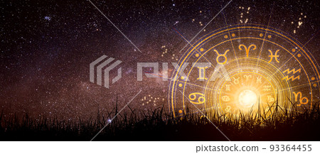 Astrological zodiac signs inside of horoscope circle. Astrology, knowledge of stars in the sky over the milky way and moon. Astrological zodiac signs inside of horoscope circle. Astrology, knowledge of stars in the sky over the milky way and moon. 93364455