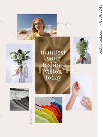 Composition of fashion vision text over caucasian women posing and holding flowers Composition of fashion vision text over caucasian women posing and holding flowers 93365248