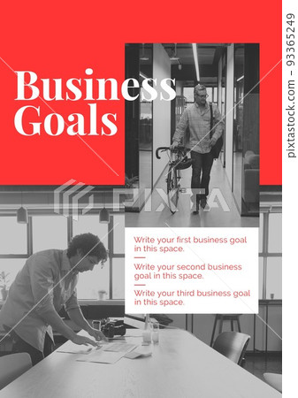 Composition of business goals text over caucasian businessmen in office 93365249
