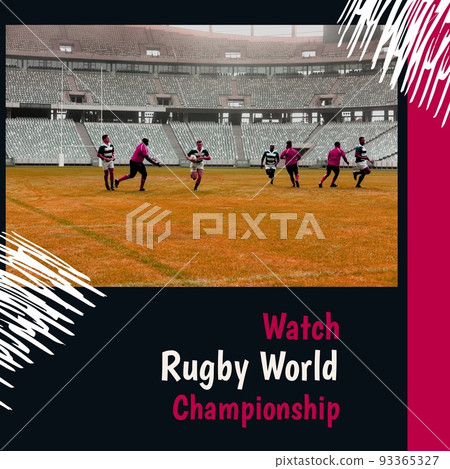 Composition of watch rugby world championship text over diverse rugby players 93365327
