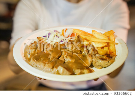 Steak and french fried food street by foodtruck, Bangkok, Thailand. 93366602