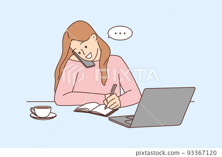 Smiling businesswoman work on computer talk on cell  93367120