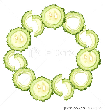 Hand-painted watercolor cut bitter gourd illustration square frame/circle 93367175