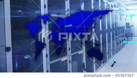 Image of blue world map, processing data and maths calculations over computer server room 93367307