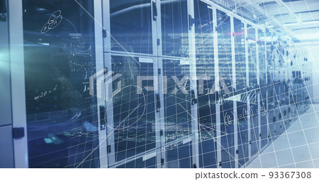 Image of processing data and maths calculations over computer server room 93367308
