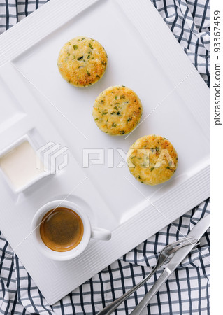 Traditional breakfast with coffee and cheesecakes, cottage cheese pancakes 93367459