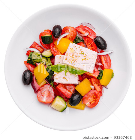 Greek salad of organic vegetables with tomatoes, cucumber, red onion, olives 93367468