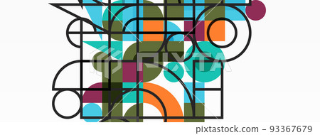 Circle and square geometric background. Round shapes with squares and triangles composition for wallpaper, banner, background or landing Circle and square geometric background. Round shapes with squares and triangles composition for wallpaper, banner, background or landing 93367679