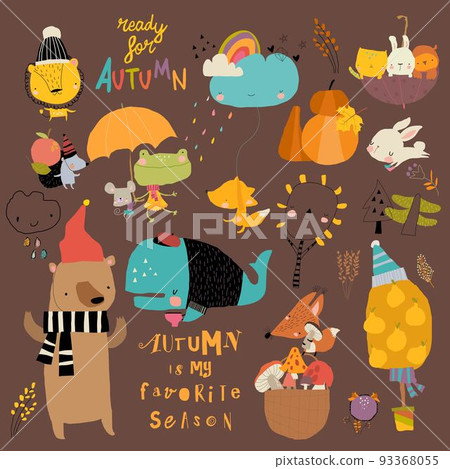 Cartoon Autumn Set with Funny Animals and Trees 93368055