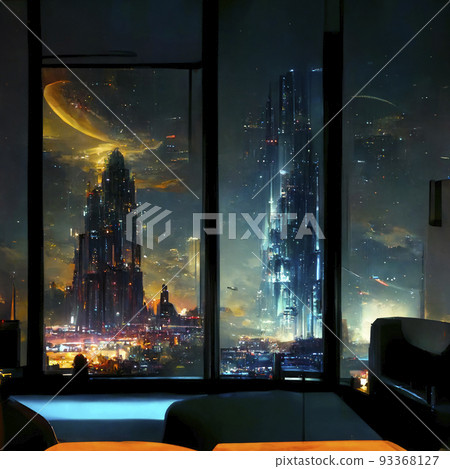遙遠未來的故事從窗戶看到的摩天大樓的夜景網絡城市“人工智能生成的圖像” 93368127
