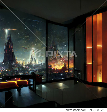 遙遠未來的故事從窗戶看到的摩天大樓的夜景網絡城市“人工智能生成的圖像” 93368128