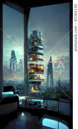 遙遠未來的故事從窗戶看到的摩天大樓的夜景網絡城市“人工智能生成的圖像” 93368130