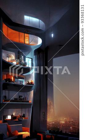 遙遠未來的故事從窗戶看到的摩天大樓的夜景網絡城市“人工智能生成的圖像” 93368131