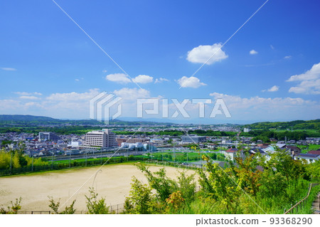 Kizugawa City, Kyoto, Kizu Station Kyoto direction view from the castle ruins park in midsummer 93368290