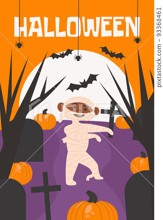 Halloween poster, greeting or post card, banner, background. Dark forest, cemetery, dry trees, buts, big moon, spider, pumpkin and boy in mummy coustume. Vector flat illustration 93368461