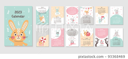 2023 vertical calendar design with cute rabbits chinese year symbol. 12 month, week start on monday. Page template size A3, A4, A5. Vector flat illustrtion, great for kids, nursery, poster, printable 93368469