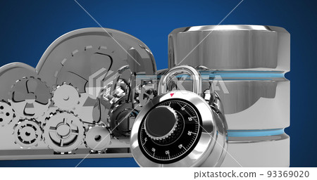 Image of padlock, silver cogs and server over blue background 93369020