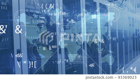 Multiple changing symbols and pulsating circles over world map against empty server room 93369023