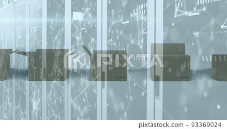 Image of network of connections over computer servers over cardboard boxes moving Image of network of connections over computer servers over cardboard boxes moving 93369024