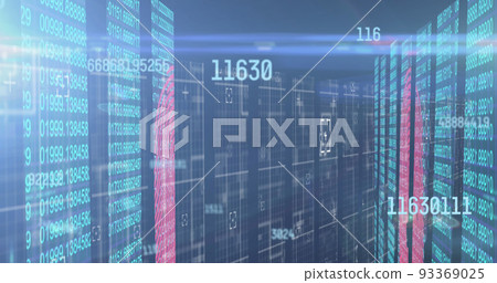Image of numbers changing over tech room with computer servers 93369025