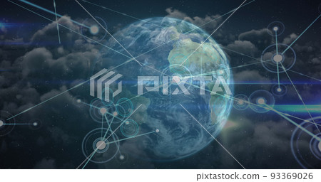Network of connection over spinning globe against clouds in blue sky Network of connection over spinning globe against clouds in blue sky 93369026