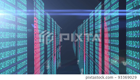 Image of numbers changing over tech room with computer servers Image of numbers changing over tech room with computer servers 93369029