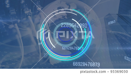 Image of digital interface showing circular scope and rising numbers with server network cables Image of digital interface showing circular scope and rising numbers with server network cables 93369030