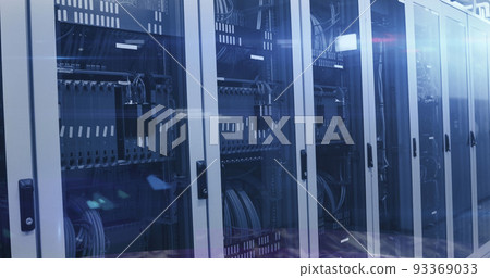 Image of binary coding numbers changing over tech room with computer servers Image of binary coding numbers changing over tech room with computer servers 93369033