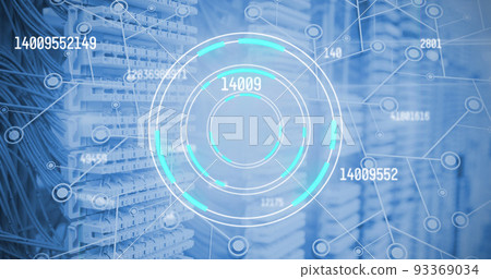 Multiple changing numbers over round scanner and network of connections against server room Multiple changing numbers over round scanner and network of connections against server room 93369034
