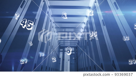Image of numbers changing over tech room with computer servers Image of numbers changing over tech room with computer servers 93369037
