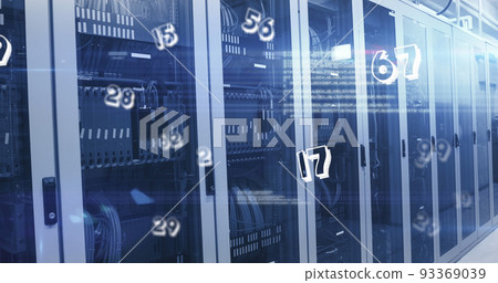 Image of numbers changing over tech room with computer servers 93369039