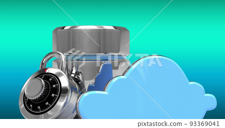 Database server and cloud icon against blue and green gradient background 93369041