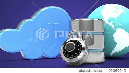 Database server over cloud icon and globe against blue background Database server over cloud icon and globe against blue background 93369045