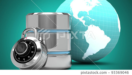 Database computer server and green globe against green background Database computer server and green globe against green background 93369046
