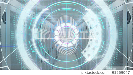 Image of scope scanning and biometric fingerprint over computer servers in background Image of scope scanning and biometric fingerprint over computer servers in background 93369047