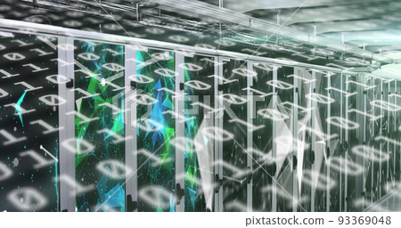 Image of binary coding over tech room with computer servers Image of binary coding over tech room with computer servers 93369048
