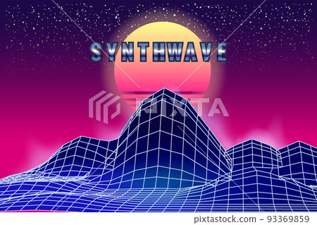 Synthwave retro banner vaporwave aesthetic background. Mountains landscape grid 3d, sunset 80 s retrowave 93369859