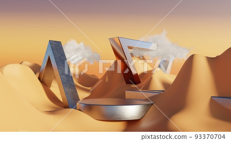 Abstract Dune cliff sand with metallic Podium stand platform. Surreal Desert natural landscape background. Scene of Desert with glossy metallic arches geometric design. 3D Render. Abstract Dune cliff sand with metallic Podium stand platform. Surreal Desert natural landscape background. Scene of Desert with glossy metallic arches geometric design. 3D Render. 93370704