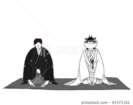 A bride and groom in Japanese clothes sitting on a blanket and bowing (hidden corners), monotone 93371162