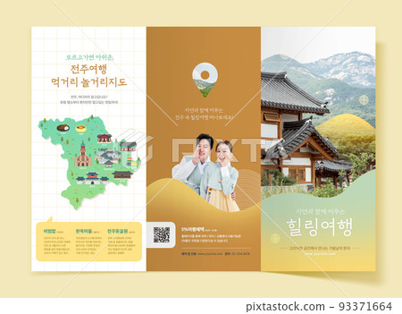 leaflet, brochure template of Korean and Caucasian girls experiencing Korean traditions such as Hanbok and Hanok 93371664