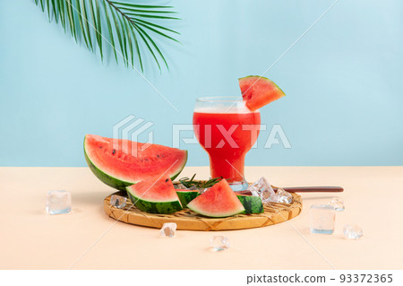 summer background with watermelon ade, juice drink with watermelon fruit 93372365