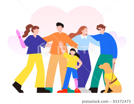 Illustration of disabled and non-disabled people_spending good time together from shoulder to shoulder 93372473