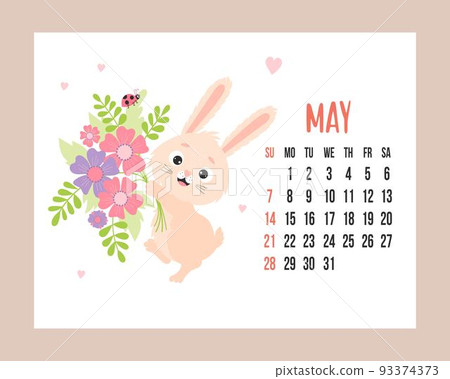 May 2023 calendar planner. Cute bunny with bouquet of flowers and ladybug. Vector illustration. Horizontal Template. Week from sunday In English. 2023 year rabbit to Chinese zodiac. May 2023 calendar planner. Cute bunny with bouquet of flowers and ladybug. Vector illustration. Horizontal Template. Week from sunday In English. 2023 year rabbit to Chinese zodiac. 93374373