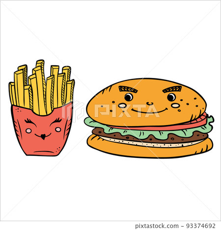 Valentine's day flyer, postcard, sticker with cute french fries burger. Valentine's day flyer, postcard, sticker with cute french fries burger. 93374692