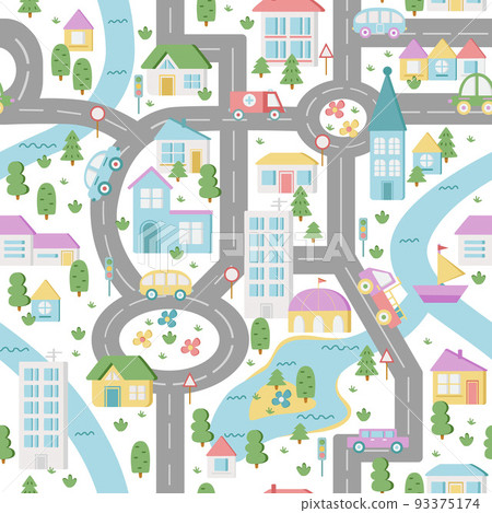 Color map town. Children's game board. Flat vector seamless pattern. 93375174
