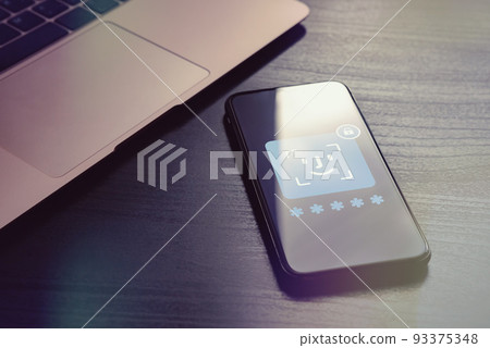 Biometric Authentication - Password-Free Security concept. App with a biometric face or fingerprint scan is open on the smartphone screen, allowing access to passwords and protected information Biometric Authentication - Password-Free Security concept. App with a biometric face or fingerprint scan is open on the smartphone screen, allowing access to passwords and protected information 93375348